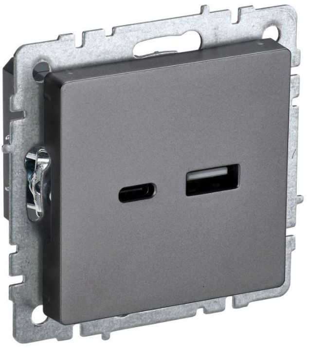Изображение Розетка BRITE USB A+C 18Вт РЮ11-1-БрС механизм сталь IEK BR-U22-018-K46