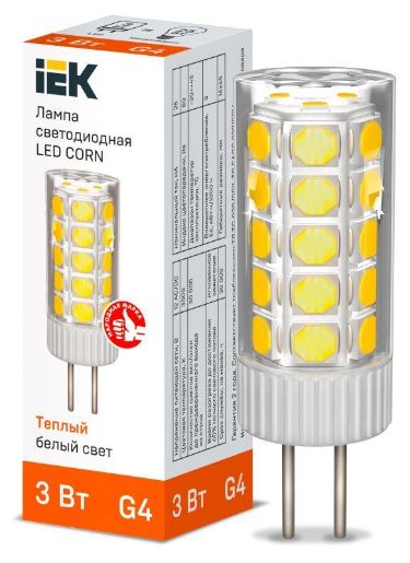 Изображение Лампа светодиодная CORN 3Вт капсула 3000К G4 12В керамика IEK LLE-CORN-3-012-30-G4