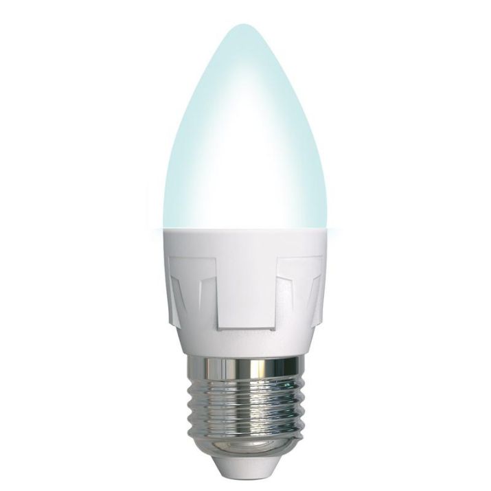 Изображение Лампа светодиодная LED-C37 7W/4000K/E27 /FR/DIM PLP01WH Яркая 7Вт матовая 4000К нейтр. бел. E27 диммир. (упак. картон) Uniel UL-00004295