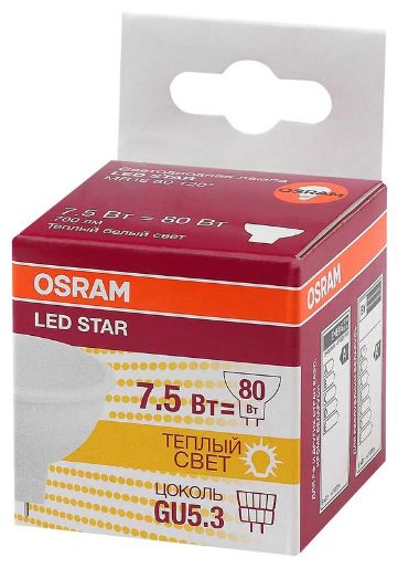 Изображение Лампа светодиодная LED STAR MR16 7.5W/830 (замена 75Вт) 7.5Вт пласт. 3000К тепл. бел. GU5.3 700лм 110 град. 220-240В OSRAM 4058075229068
