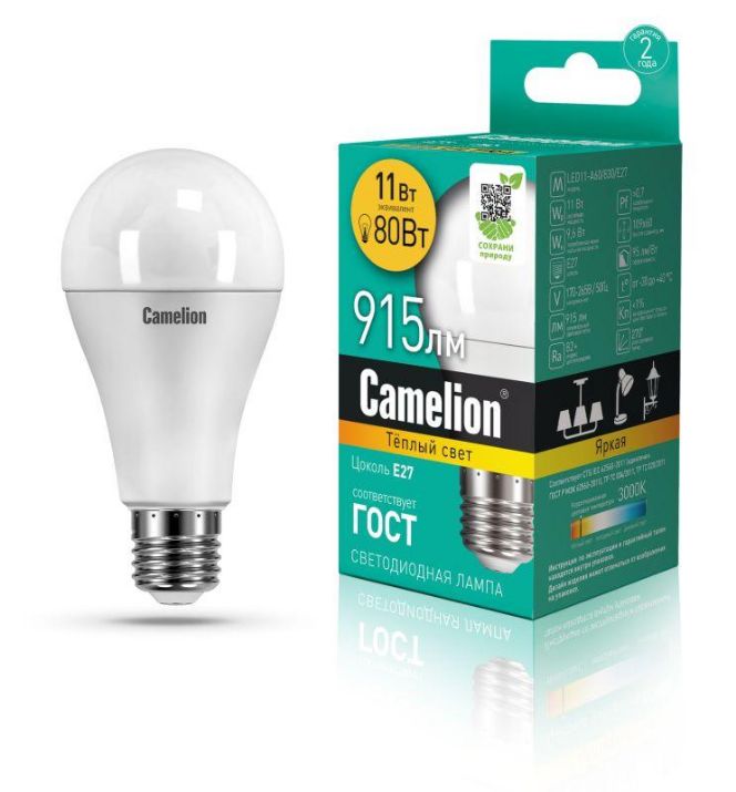 Изображение Лампа светодиодная LED11-A60/830/E27 11Вт грушевидная матовая 3000К тепл. бел. E27 915лм 170-265В Camelion 12035