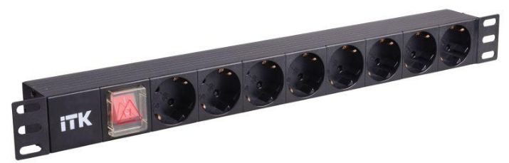 Изображение Блок розеток 8-м PDU 1U вх. C14 немецк. стандарт с LED-выкл. без шнура алюм. профиль ITK PH12-8D3