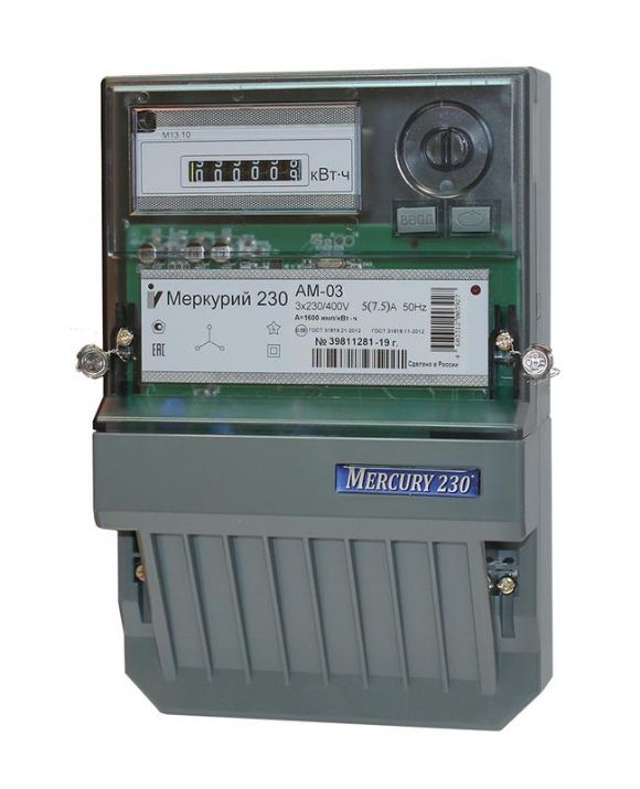 Изображение Счетчик Меркурий 230 AM-03 3ф 5-7.5А класс точн. 0.5S 1 тариф. импульс. вых. на панель мех. ОУ Инкотекс 00000032429