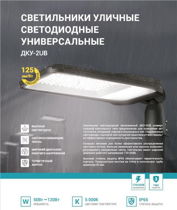 Изображение Светильник уличный линзованный светодиодный ДКУ-2UB 120Вт 230В 5000К 15000лм 125лм/Вт универсальный IP65 NEOX 4690612057439