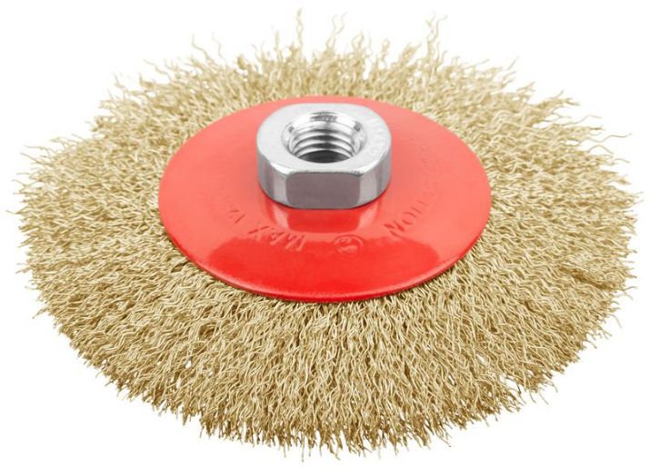 Изображение Корщетка-колесо с наклоном гайка М14 стальная латунированная волнистая проволока 115мм FIT 39051