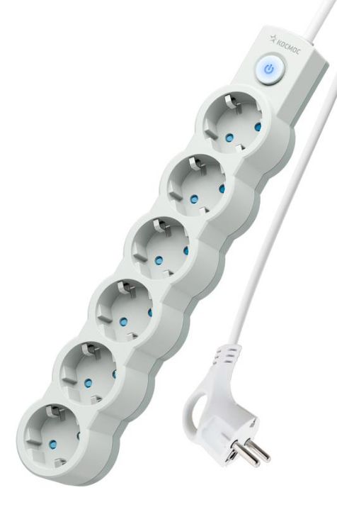 Изображение Удлинитель 6х3м с заземл. IP20 с выкл. 10А 2200Вт 220В защ. шторки ПВС 3х1 бел. КОСМОС YKsm3m-6g-Z-V10A-W