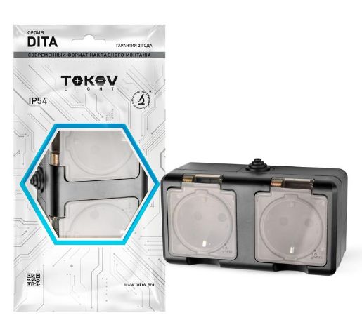 Изображение Розетка 2-м ОП Dita 16А IP54 250В с заземл. с прозр. крышкой карбонTOKOV ELECTRIC TKL-DT-R2Z-C14T-IP54