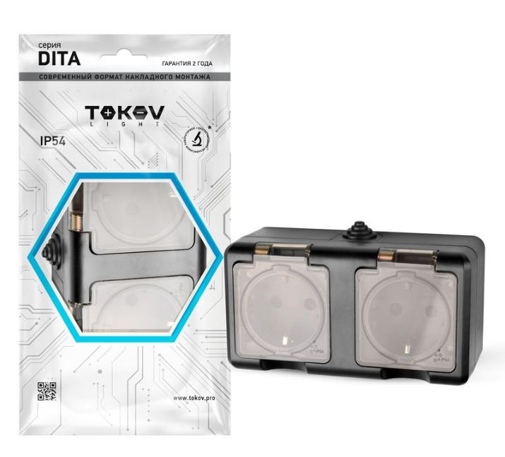 Изображение Розетка 2-м ОП Dita 16А IP54 250В с заземл. с прозр. крышкой карбонTOKOV ELECTRIC TKL-DT-R2Z-C14T-IP54