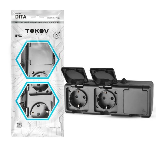 Изображение Розетка 3-м ОП Dita 16А IP54 250В с заземл. с крышкой карбон TOKOV ELECTRIC TKL-DT-R3Z-C14-IP54
