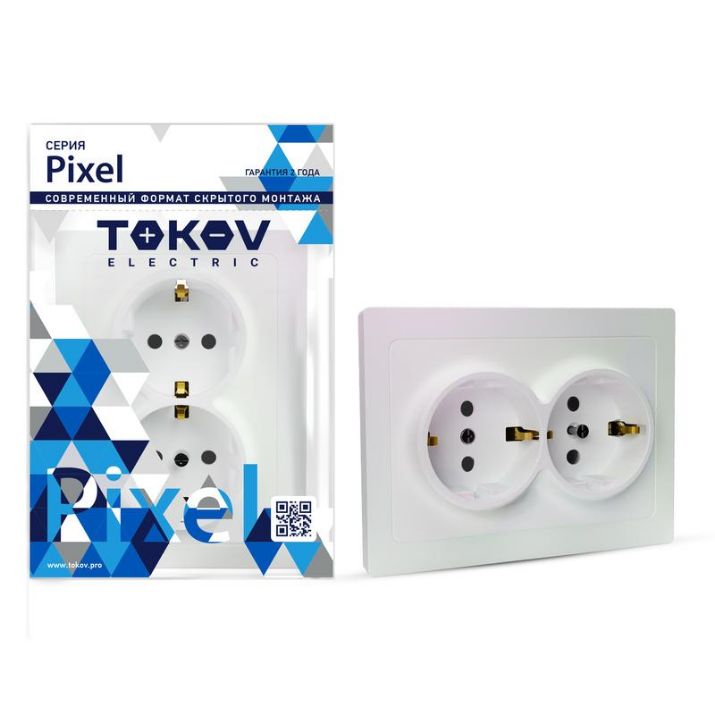 Изображение Розетка 2-м СП Pixel 16А IP20 с заземл. защ. шторки в сборе перламутр. TOKOV ELECTRIC TKE-PX-R2FZSF-C04