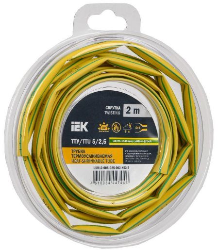 Изображение Трубка термоусадочная ТТУ нг-LS 5/2.5 желт./зел. (уп.2м) IEK UDR12-005-D25-002-K52-T