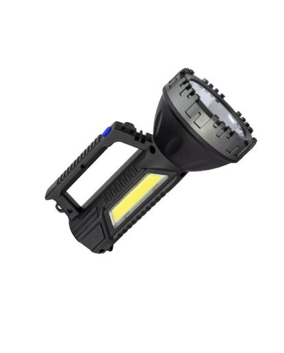 Изображение Фонарь-прожектор аккумуляторный ручной 3Вт LED+3Вт COB LED Li-ion 18650 1200мА.ч корпус ABS-пластик индикатор уровня заряда USB-шнур плечевой ремешок КОСМОС KOC904Lit