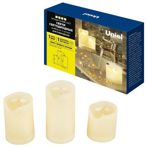 Изображение Фигура ULD-F060 WARM WHITE CANDLE SET3 "Свеча" на батарейках CR2032 (в/к) 1 LED тепл. свет (уп.3шт) Uniel UL-00008593