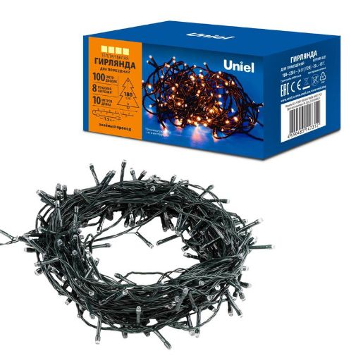 Изображение Гирлянда светодиодная ULD-S1000-100/DGA WARM WHITE IP20 10м 100 LED тепл. бел. свет. провод зел. Uniel UL-00008407
