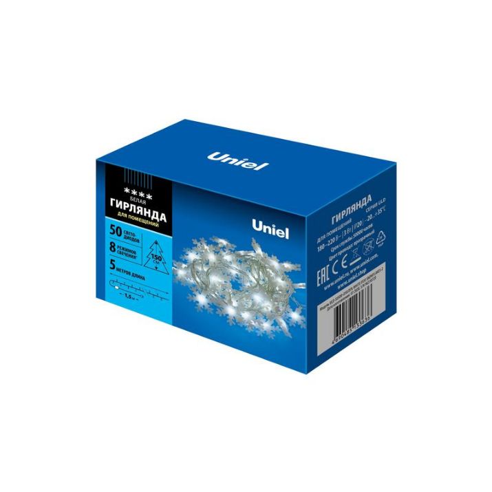 Изображение Гирлянда LED "Снежинки-2" ULD-S0500-050/DTA WHITE IP20 SNOWFLAKES-2 5м 50 диодов бел. свет провод прозр. Uniel UL-00007196