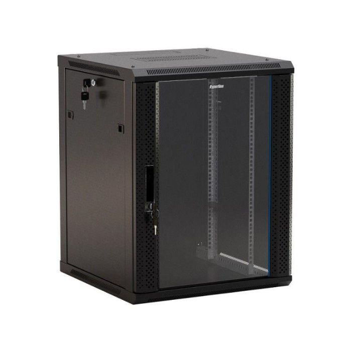 Изображение Шкаф настенный TWB-1545-GP-RAL9004 19дюйм 15U 775х600х450мм стеклян. дверь с перфорацией по бокам ручка с замком черн. (RAL 9004) (разобранный) Hyperline 392639