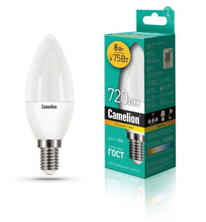 Изображение Лампа светодиодная LED8-C35/830/E14 8Вт свеча 3000К тепл. бел. E14 720лм 170-265В Camelion 12385