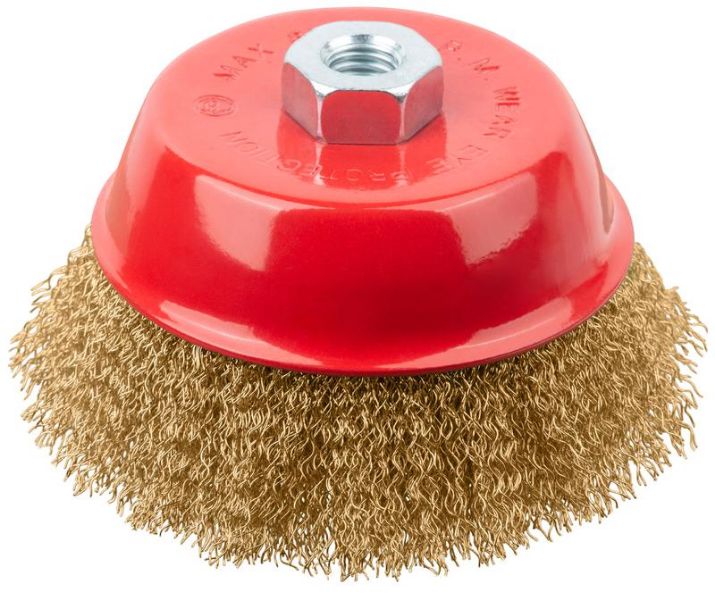 Изображение Корщетка-чашка гайка М14 стальная латунированная волнистая проволока 125мм FIT 39272