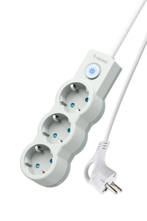 Изображение Удлинитель 3х5м с заземл. IP20 с выкл. 10А 2200Вт 220В защ. шторки ПВС 3х1 бел. КОСМОС YKsm5m-3g-Z-V10A-W