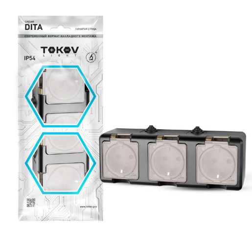 Изображение Розетка 3-м ОП Dita 16А IP54 250В с заземл. с прозр. крышкой карбонTOKOV ELECTRIC TKL-DT-R3Z-C14T-IP54