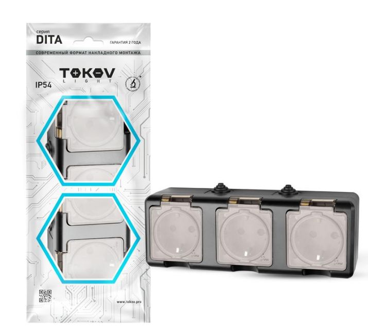 Изображение Розетка 3-м ОП Dita 16А IP54 250В с заземл. с прозр. крышкой карбонTOKOV ELECTRIC TKL-DT-R3Z-C14T-IP54