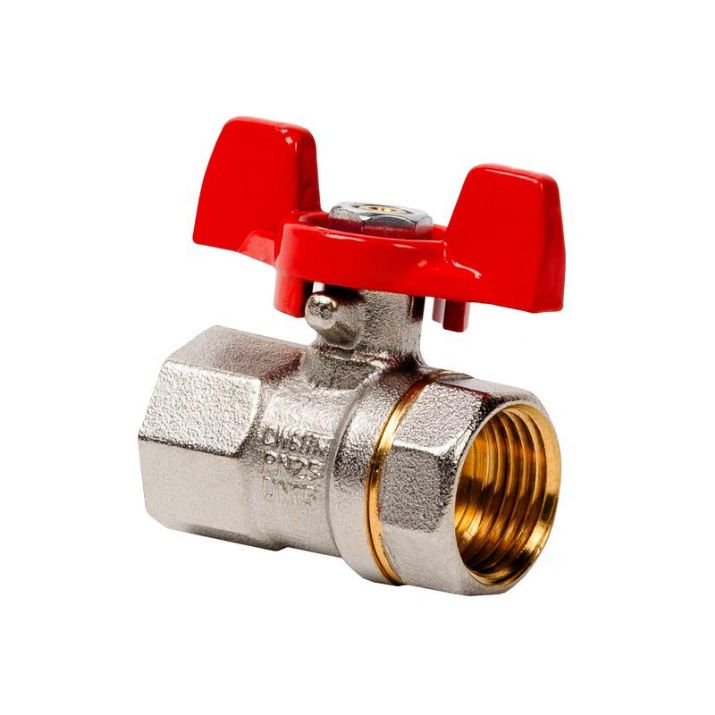 Изображение Кран шаровой ручка бабочка латунь внутр./внутр. резьба 1/2дюйм PN25 никель (инд. упак.) RTP 34881