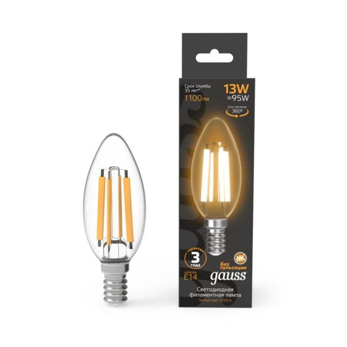 Изображение Лампа светодиодная филаментная Black Filament 13Вт свеча 2700К тепл. бел. E14 1100лм GAUSS 103801113