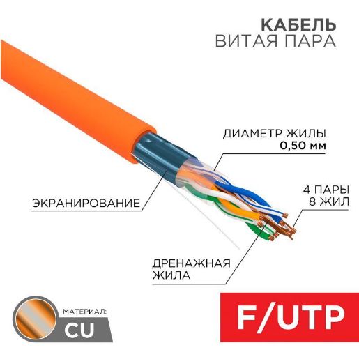 Изображение Кабель витая пара F/UTP кат.5e 4х2х24AWG solid ZH нг(А)-HF INDOOR оранж. (м) Rexant 01-0150
