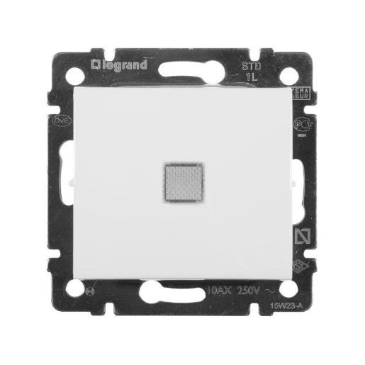 Изображение Выключатель 1-кл. СП Valena 10А IP31 250В с зел. индикацией механизм бел. Leg 774410
