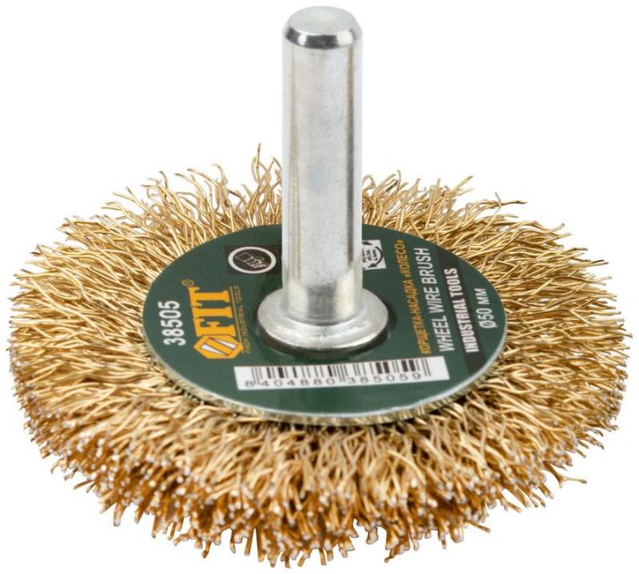 Изображение Корщетка-колесо со штифтом стальная латунированная волнистая проволока 50мм FIT 38505