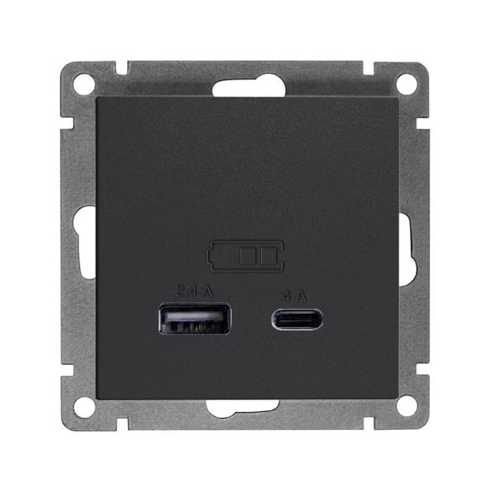 Изображение Розетка 2-м USB СП Афина тип А+С 5В 1х2.4А 2х4А механизм графит Universal А0059-Gr