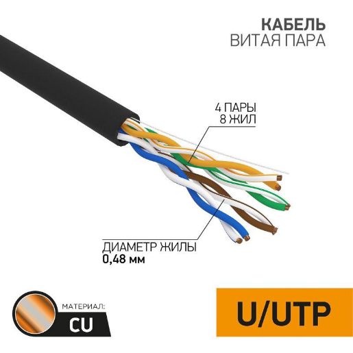 Изображение Кабель витая пара U/UTP кат.5E 4х2х24AWG медь OUTDOOR черн. (305м) PROCONNECT 01-0054