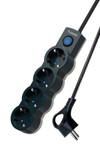 Изображение Удлинитель 4х1.5м с заземл. IP20 с выкл. 10А 2200Вт 220В защ. шторки ПВС 3х1 черн. КОСМОС YKsm1.5m-4g-Z-V10A-B