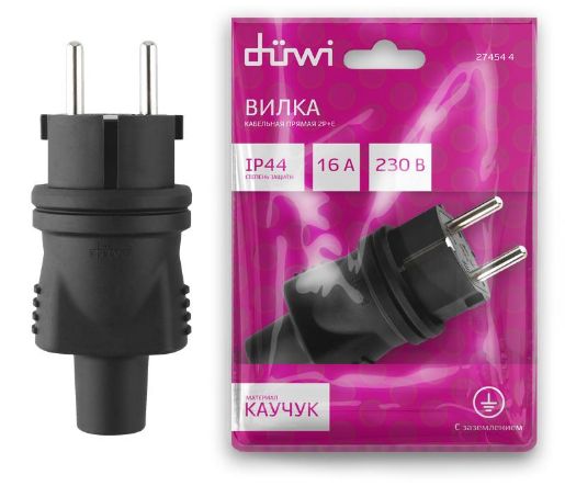 Изображение Вилка каучуковая прямая с/з 16А 230В IP44 черн. Duwi 27454 4