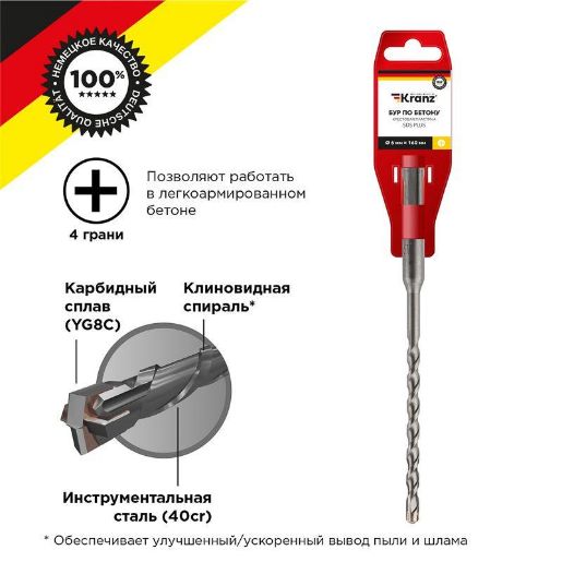 Изображение Бур по бетону 6х160мм крестовая пластина SDS PLUS Kranz KR-91-0802
