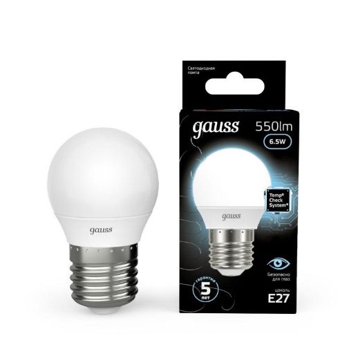 Изображение Лампа светодиодная Black 6.5Вт P45 шар 4100К нейтр. бел. E27 550лм GAUSS 105102207