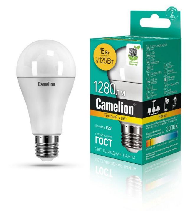 Изображение Лампа светодиодная LED15-A65/830/E27 15Вт грушевидная 3000К тепл. бел. E27 1280лм 170-265В Camelion 12196 / 12185