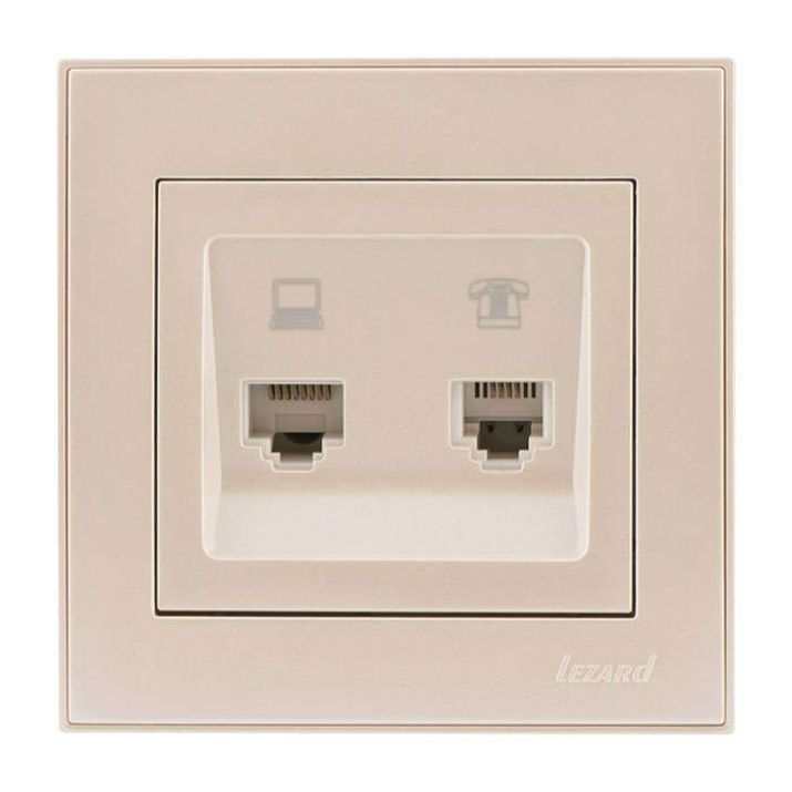 Изображение Розетка компьютерная + телефонная 2-м СП Rain RJ45 + RJ11 крем. LEZARD 703-0303-143