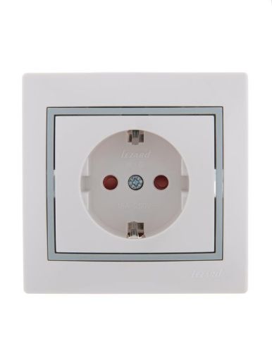 Изображение Розетка 1-м СП Mira 16А IP20 с заземл. защ. шторки с сер. вставкой керамика бел. LEZARD 701-0215-124