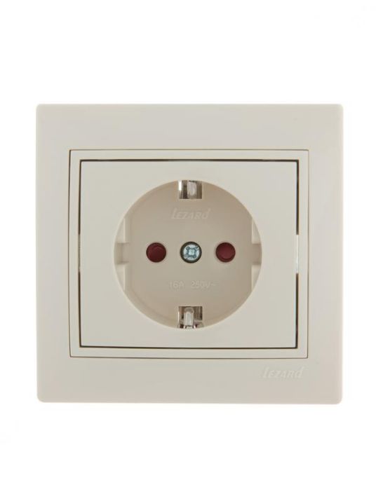 Изображение Розетка 1-м СП Mira 16А IP20 с заземл. защ. шторки со вставкой керамика крем. LEZARD 701-0303-124