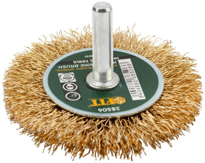 Изображение Корщетка-колесо со штифтом стальная латунированная волнистая проволока 60мм FIT 38506