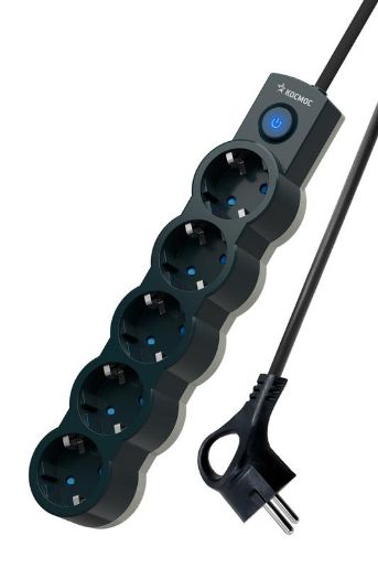 Изображение Удлинитель 5х5м с заземл. IP20 с выкл. 10А 2200Вт 220В защ. шторки ПВС 3х1 черн. КОСМОС YKsm5m-5g-Z-V10A-B