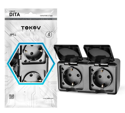 Изображение Розетка 2-м ОП Dita 16А IP54 250В с заземл. с крышкой карбон TOKOV ELECTRIC TKL-DT-R2Z-C14-IP54