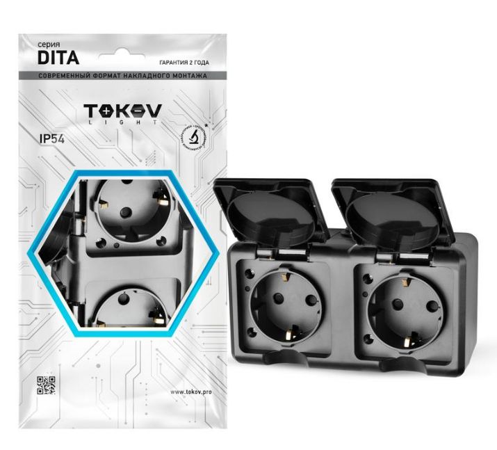 Изображение Розетка 2-м ОП Dita 16А IP54 250В с заземл. с крышкой карбон TOKOV ELECTRIC TKL-DT-R2Z-C14-IP54