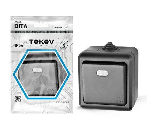 Изображение Выключатель 1-кл. ОП Dita IP54 10А 250В с индикацией карбон TOKOV ELECTRIC TKL-DT-V1I-C14-IP54