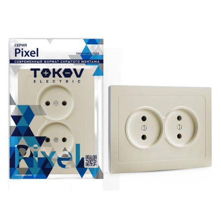 Изображение Розетка 2-м СП Pixel 16А IP20 без заземл. в сборе беж. TOKOV ELECTRIC TKE-PX-R2F-C02