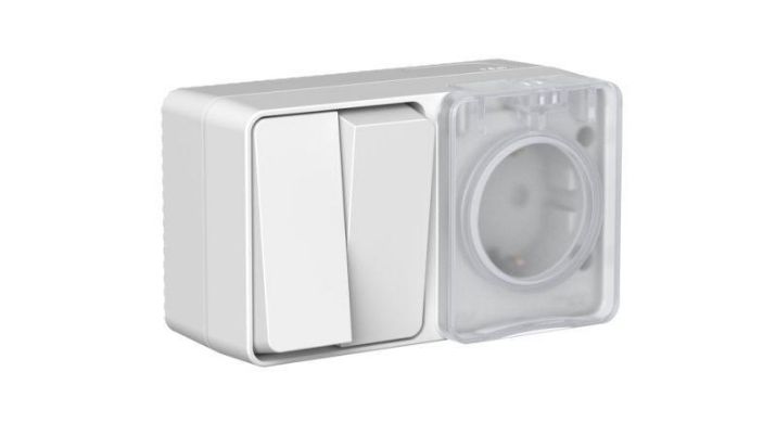 Изображение Блок ОП AtlasDesign PROFI IP54 (розетка 16А заземл. защ. шторки + 2-кл. выключатель 10А) сер. SE ATN543074