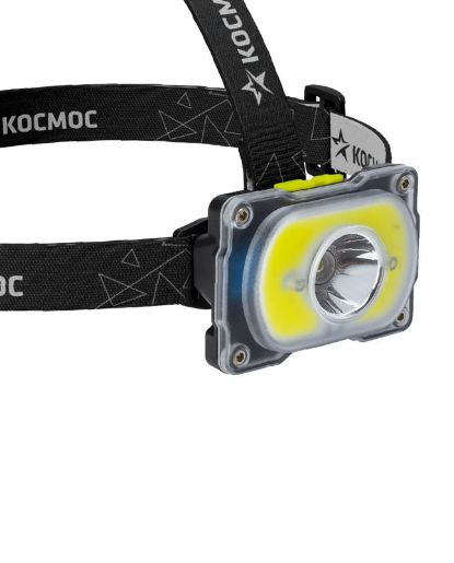 Изображение Фонарь аккумуляторный налобный 3Вт XPE LED+5Вт COB LED Li-ion 18650 1200мА.ч корпус ABS-пластик индикатор уровня заряда USB-шнур type C регулируемый эласт. ремешок КОСМОС KOC507Lit