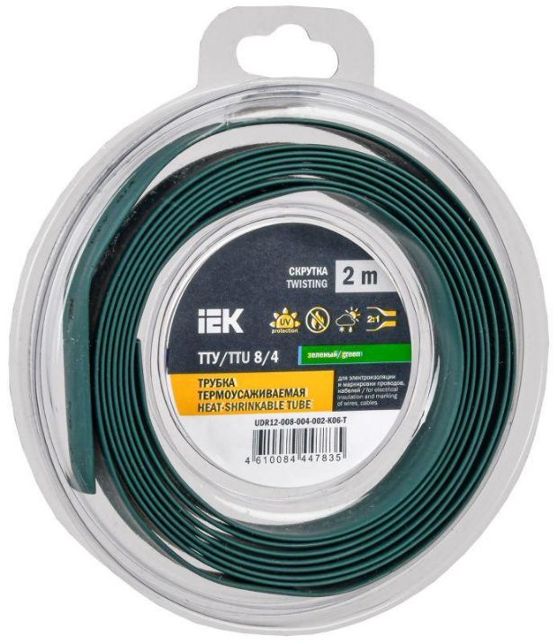 Изображение Трубка термоусадочная ТТУ нг-LS 8/4 зел. (уп.2м) IEK UDR12-008-004-002-K06-T