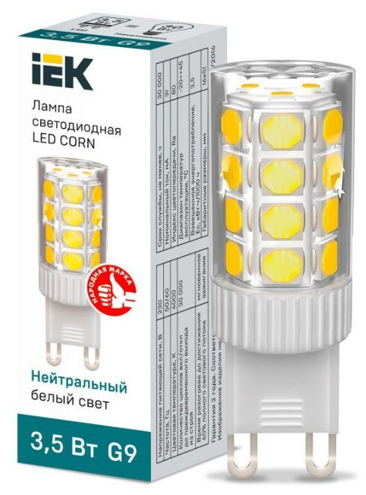 Изображение Лампа светодиодная Corn 3.5Вт капсульная 4000К нейтр. бел. G9 230В керамика IEK LLE-Corn-4-230-40-G9